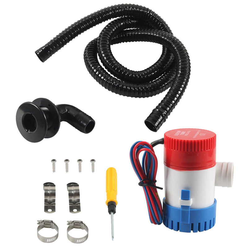 12v 1100 Gallons/Hour Marine Bilge Pump Kit, Includes 1-1/8" Diameter Bilge Pump, 6.5' Hose, 2 Stainless Steel Hose Clamps, And Hull Penetration Fitting. Suitable for Fishing Boats, Speedboa