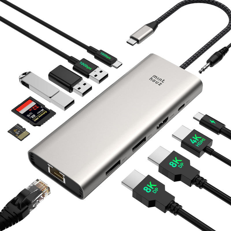 Minthouz Laptop Docking Station 3 Monitors Quad Display USB C Hub | Dongle to 4K HDMI+DP,2 USB2.0,100W PD,2.5G Ethernet,12 in 1Dock for Lenovo,Dell,HP,USB C Docking Station Dual Monitor Adapter