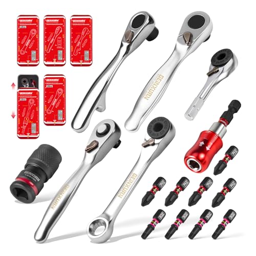GEINXURN Mini Ratchet Wrench Set, 72 Teeth Ratchet Wrench For Tight Spaces, Locking Bit Holder, Change Adapter and Mini Socket Ratchet Comes in a Push-Pull Tin Case, Ideal for Repair and DIY projects 16