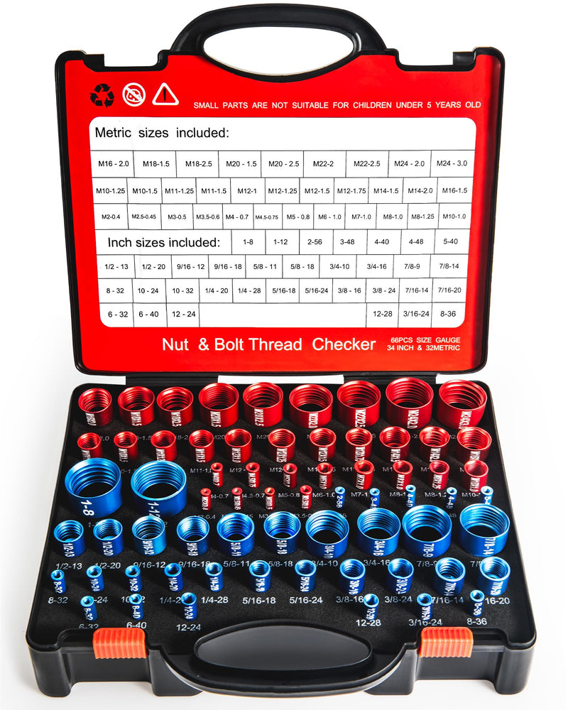 66-Piece Nut and Bolt Thread Checker Kit | 34 SAE (Blue) + 32 Metric (Red) Thread Gauges - Precision Bolt Size Finder for Tight Spaces, DIY & Professional Repairs 66