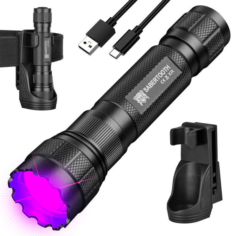 SABERTOOTH 385-395nm UV Flashlight Rechargeable Black Light Flashlight for Pet Urine Detection, Scorpion Spotting, AC System Inspection and Rock