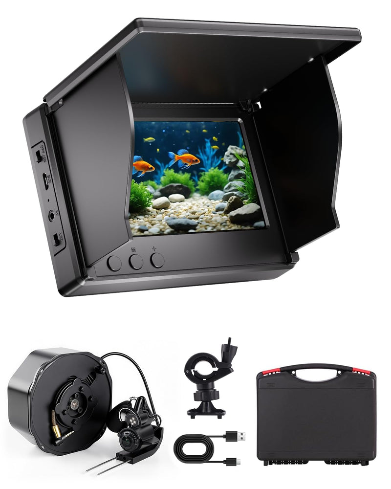 FOURQ Auto Reel Underwater Fishing Camera, 4.3" HD Monitor Fish Finder with 100ft Cable, 4 IR Night Vision Lights & 5000mAh Battery, Portable Video Camera for Ice, Kayak, Boat & Saltwater Fishing