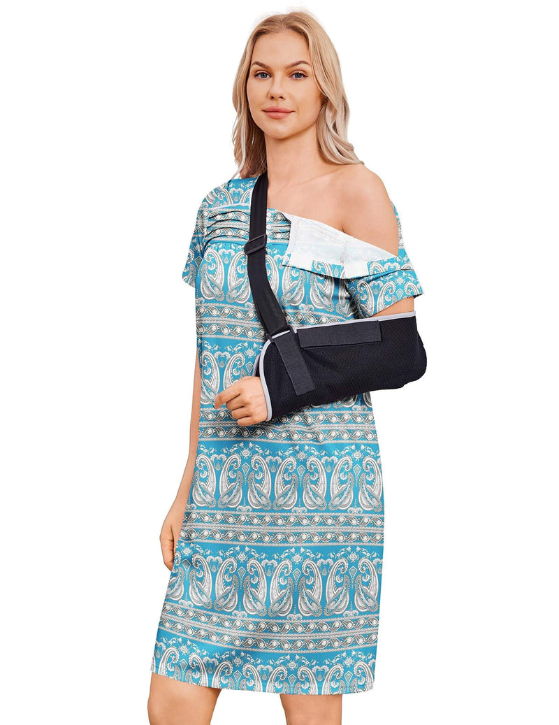 Deyeek Post Shoulder Surgery Dress Women Side Full Tear Away After Rotator Cuff Chemo Dialysis Port Adaptive Clothing Blue Print X-Large