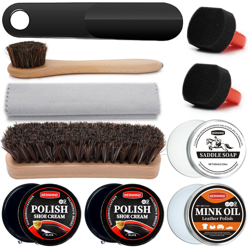 Black Brown Shoe Polish Kit Saddle Soap Mink Oil Shoe Shine Kit Boots Leather Conditioner Cream Wax Care Set 10pcs Polish Kit 10pcs Black Polish