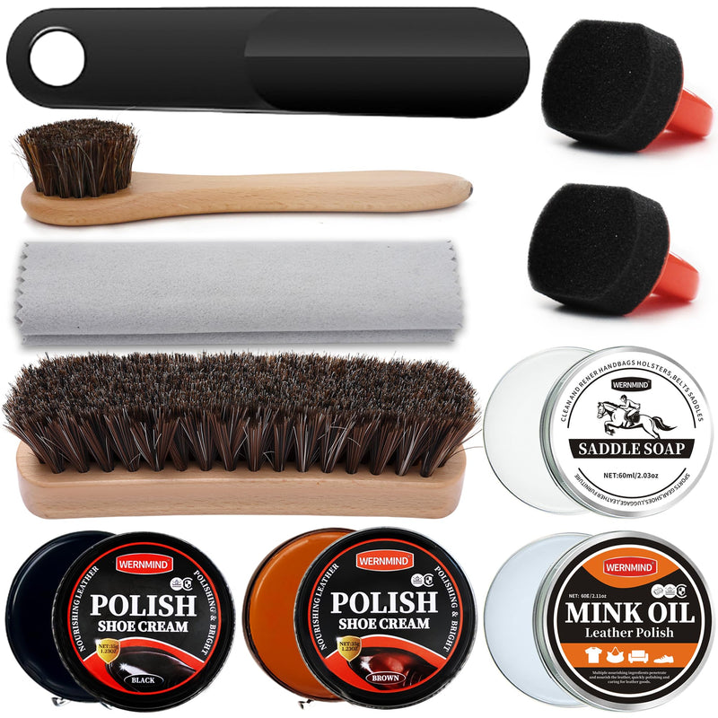 Black Brown Shoe Polish Kit Saddle Soap Mink Oil Shoe Shine Kit Boots Leather Conditioner Cream Wax Care Set 10pcs Polish Kit 10pcs Black & Brown Polish
