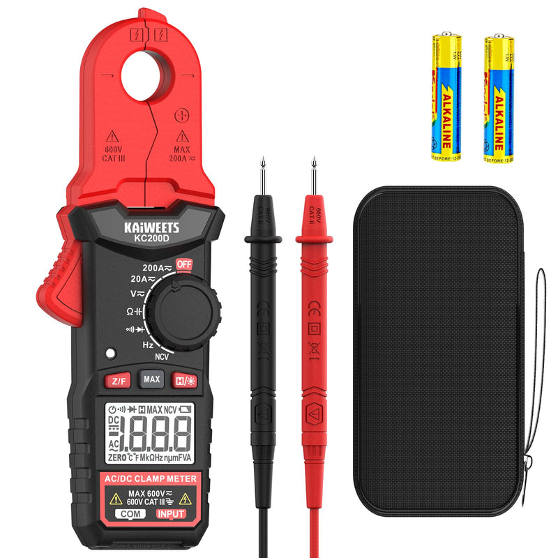 KAIWEETS Digital Clamp Meter with Round Jaw, Automotive Multimeter, NCV, 2000 Counts, Amp Voltmeter, Accuratly Measure AC/DC Current & Volatge, Resistance, Diode, Capacitance, Continuity, Frequency Red