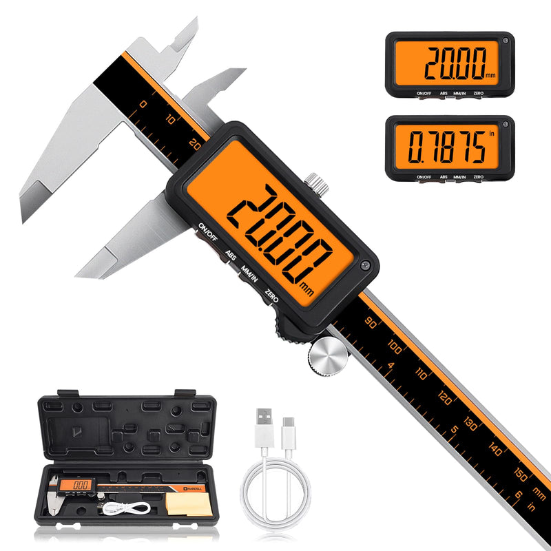 HARDELL Digital Caliper, Rechargeable Calipers with Large Orange Screen, Anti-Glare LCD & ABS Function, in/MM Caliper Measuring Tool, Stainless Steel Micrometer -Auto Off for DIY/Household (6 Inch)