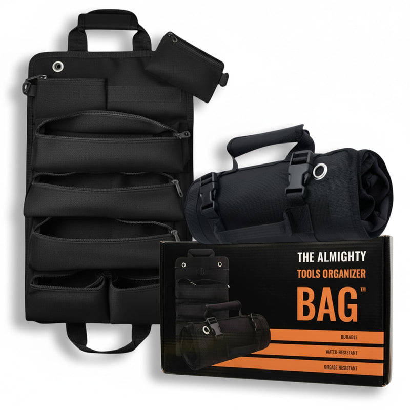 Heavy Duty Roll-Up Tool Organizer Bag with Detachable Pouches | Tool Bag for Handyman, Electrician, Mechanic, Plumber, Carpenter, Garage, Workshop, Truck, RV & Outdoor Use Black