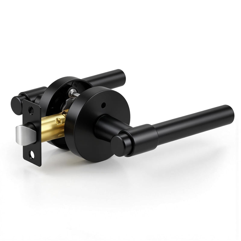 KNOBWELL 1 Pack Black Door Handles for Bedroom Bathroom, Heavy Duty Matte Black Door Knob with Interior Push Button Lock, Unversible Right/Left Handed Levers, Silent Privacy Handle Privacy Lock-1 Pack