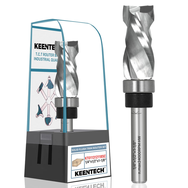 KEENTECH Solid Carbide Compression Flush Trim Router Bit, 1/4" Shank, 1/2" Cutting Dia x 1-1/8" Cutting Length, 2+2 Flute Pattern & Template Router Bit with Top Bearing 1/4" Shank - 1/2" Dia - 1-1/8" CL