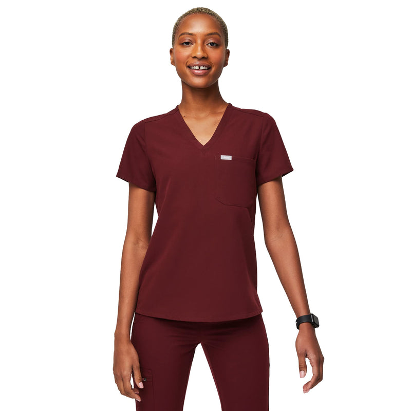 FIGS Catarina One-Pocket Scrub Top for Women - Burgundy, S