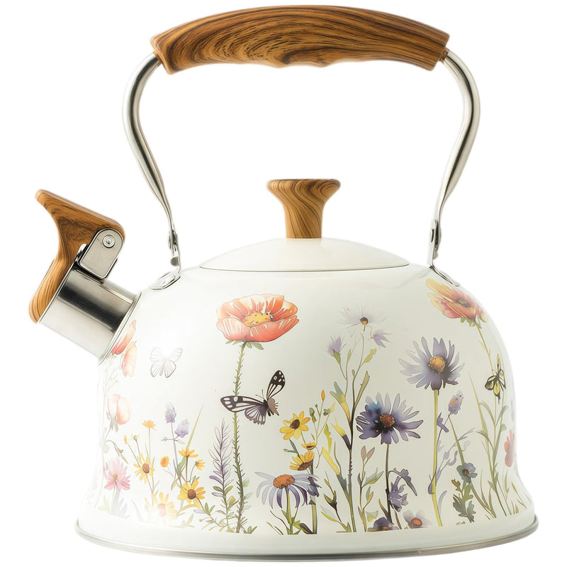Tea Kettle for Stove Top, 2.7 Quart Whistling Kettle with Floral Pattern for Boiling Water Coffee or Milk, Stainless Steel Tea Pots with Wood Pattern Folding Handle, Work for All Stovetops White and Purple