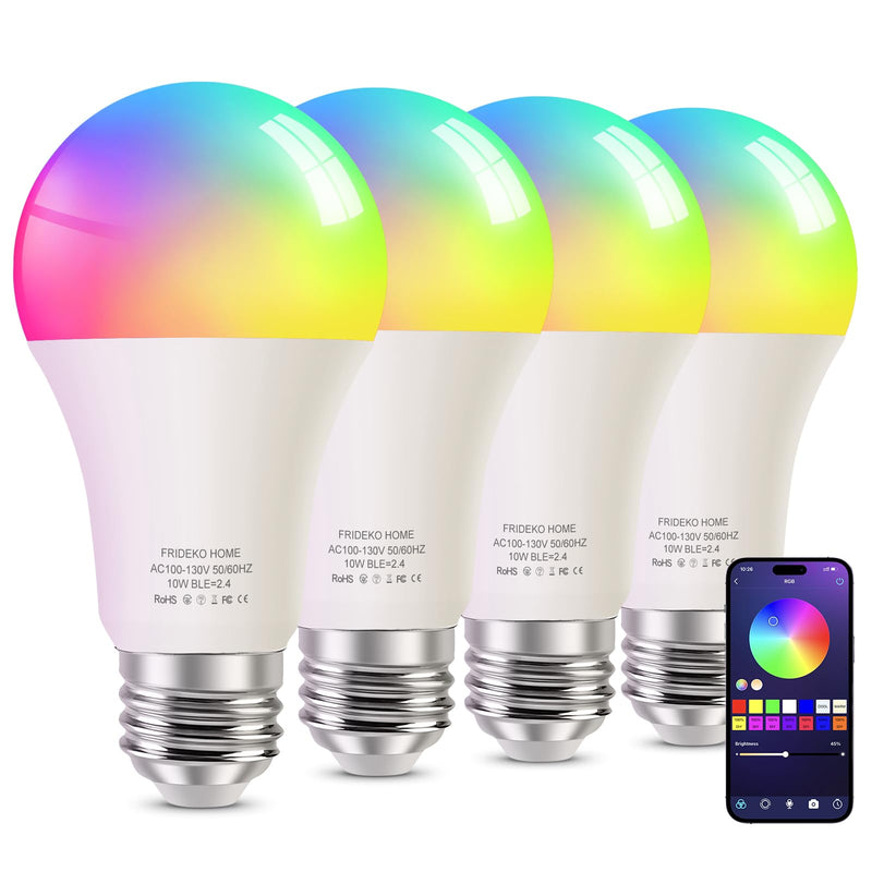 FRIDEKO HOME Smart Light Bulbs - Led Dimmible Color Changing Light Bulb for Home Works with Bluetooth Music Sync - A19 RGB Lightbulb for E26 Base with APP Control & Timer (4 Pack) Bluetooth-4Pack