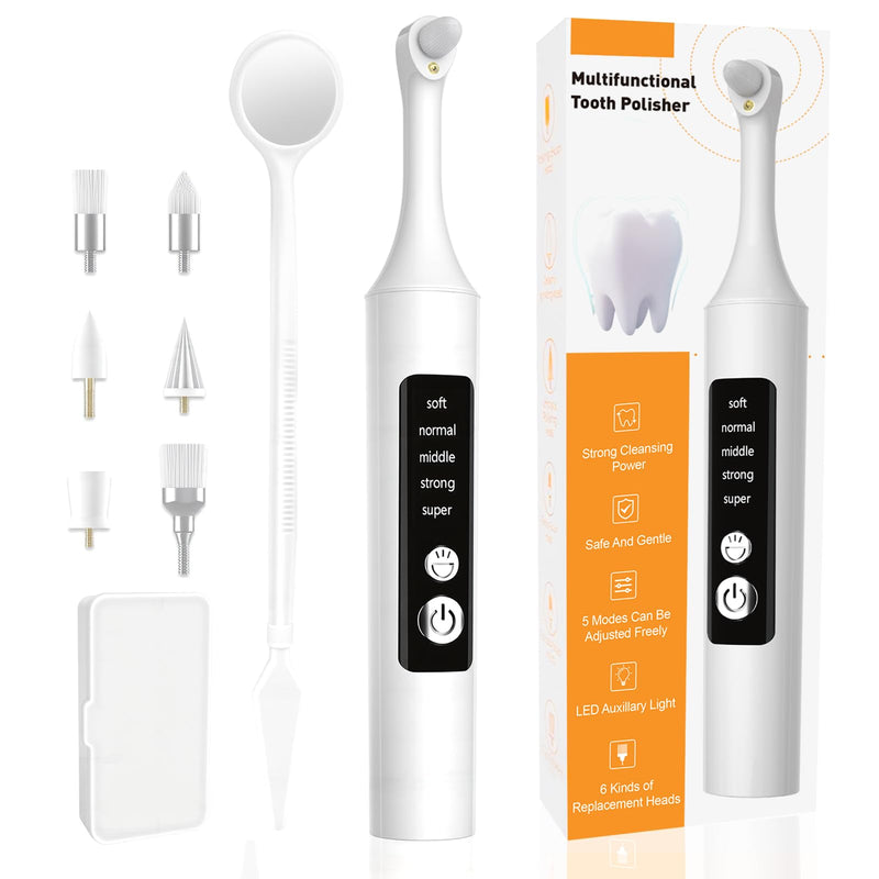 Teeth Whitening Polisher Kit, Rechargeable Dental Polisher for Teeth Cleaning and Whitening, Electric Teeth Polisher Tool with LED Light, 6 Brush Heads 5 Speed Modes for Home and Travel Use