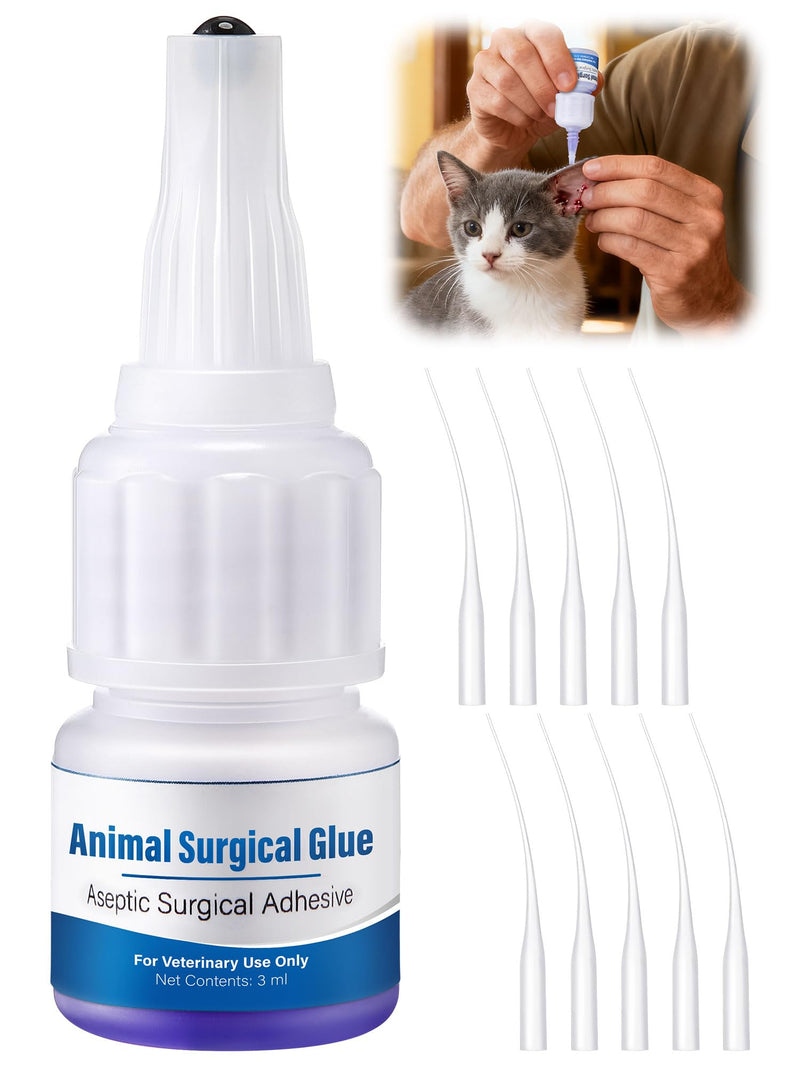 Veterinary Surgical Skin Glue, Strong Surgical Adhesive with 10 Precise Applicators, Blue Tinted Fast Acting Waterproof Wound Closure for Pets Dogs Cats, Pain Free & Stress Free(1 Pack,3ml) 1 3ml