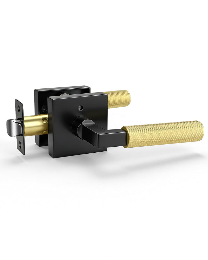 KNOBWELL 1 Pack Gold and Black Door Handle Square Doorknob with Lever Interior Door Lever for Bed and Bath (Push Button) Square Privacy Black and Gold