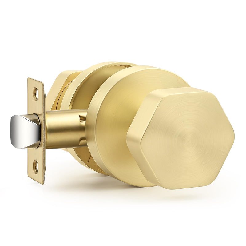 Probrico Brushed Brass Door Knobs, Gold Door Knob Interior, Hexagon Passage Door Knobs for Closet Hallway, 1 Pack