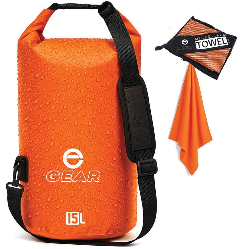 Enthusiast Gear Dry Bag 15L – Waterproof Floating Roll Top Dry Sack for Kayaking, Boating, Camping & Beach – Includes Quick Dry Microfiber Towel (Orange) Orange
