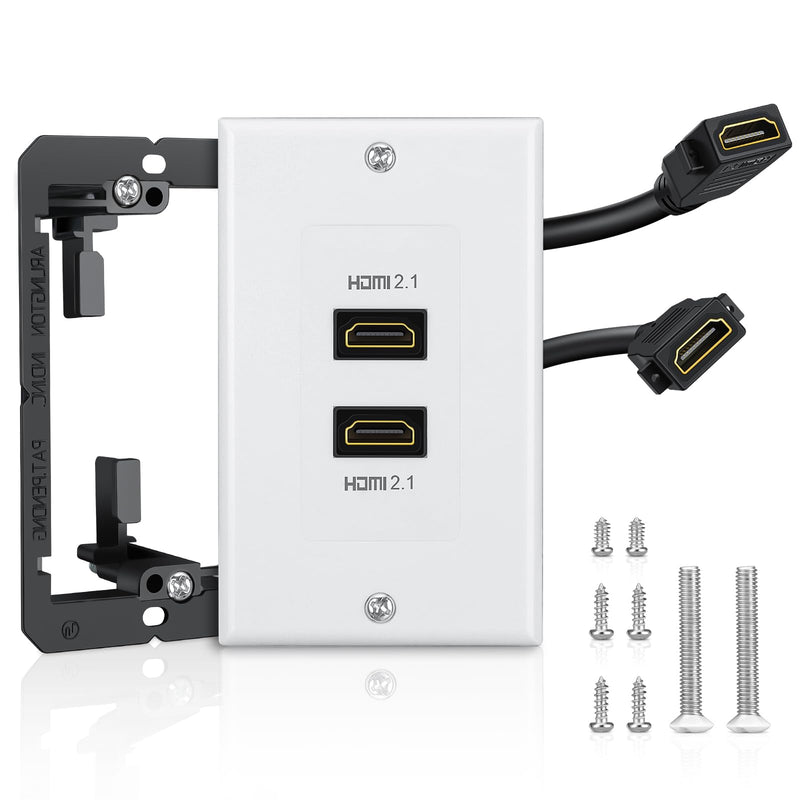 HDMI Wall Plate White, HDMI 2.1 Wall Plate2 Port, HDMI wall outlet Pass Through Socket, Fits Home Theater Systems, Supports 8K@60Hz and 4K@120Hz, 3D, HDR, 48 Gbps HDMI Box