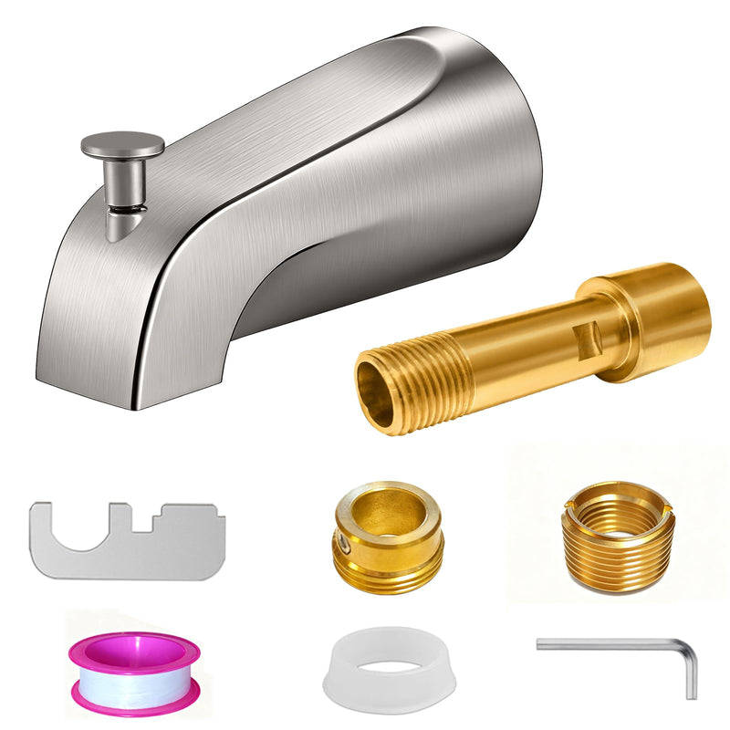 Brushed Nickel Bathtub Spout with Diverter, All Metal,5.3 Inch Tub Spout, Fits 1/2" Copper Slip-On and 1/2" or 3/4" IPS Threaded Pipes, Leak-Free, Slip Fit Tub Spout with Pull-Up Diverter Brushed Nickel