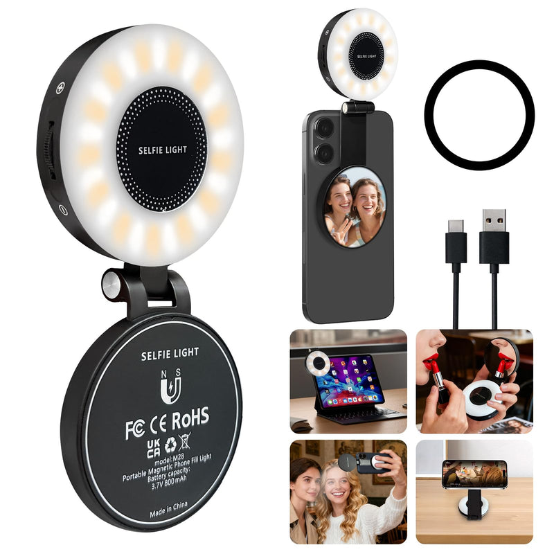3-in-1 Magnetic Beauty Selfie Light for Phones, with 2.4" Mirror Magnetic Selfie Light, Adjusted 3 Modes, Rechargeable Fill Light for Selfies, for Photography,Makeup,Vlog,TikTok,Video(Black)