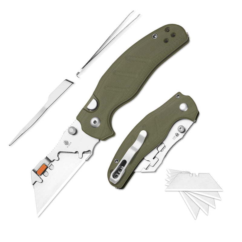 Kizer C01C Uti 2 (Tool-Free Version) Utility Knife, Button Liner Lock Box Cutter Pocket Knife with 5PCS Razor Blades, Thumb Stud Folding Knives with Green G10 Handle for Men Women V3488.29JNM1