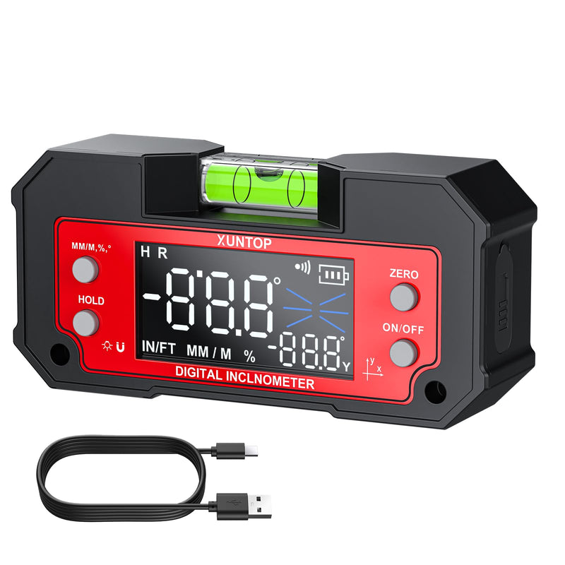 XUNTOP Digital Angle Finder Tool Dual Axis X-axis of 4×90° and Y-axis of ±60° Powerful Magnetic Base Level Box Type-C Rechargeable Digital Inclinometer with LED Display for Woodworking Table Saw