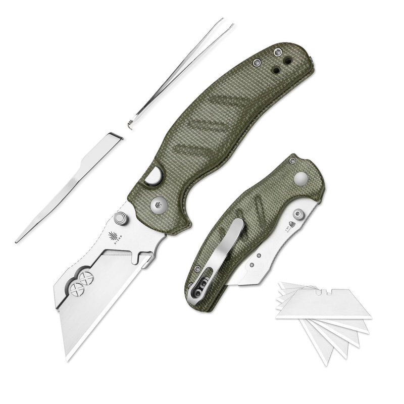 Kizer C01C Uti 1 (Dual-screw Version) Utility Knife, Button Liner Lock Box Cutter EDC Pocket Knife with 5PCS Razor Blades, Green Micarta Handle Small Folding Knives for Men Women, V3488.29JSM1 Light Green
