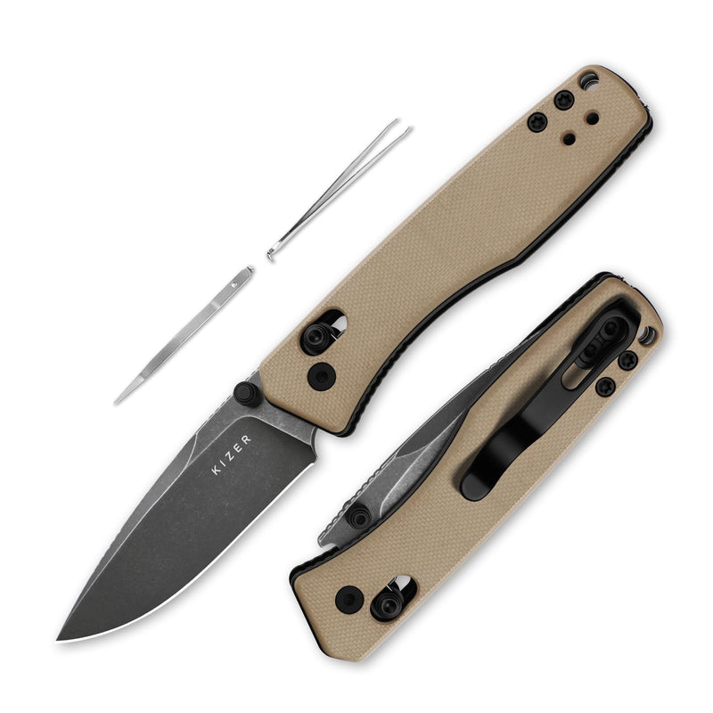 Kizer Aegis EDC Pocket Knife, 2.8" D2 Steel Drop Point Folding Knife with Sand G10 Handle, Thumb Stud Opener Clutch Lock, Pocket Knives for Camping Hiking V3774M1 D2 Steel+Sand G10 Handle