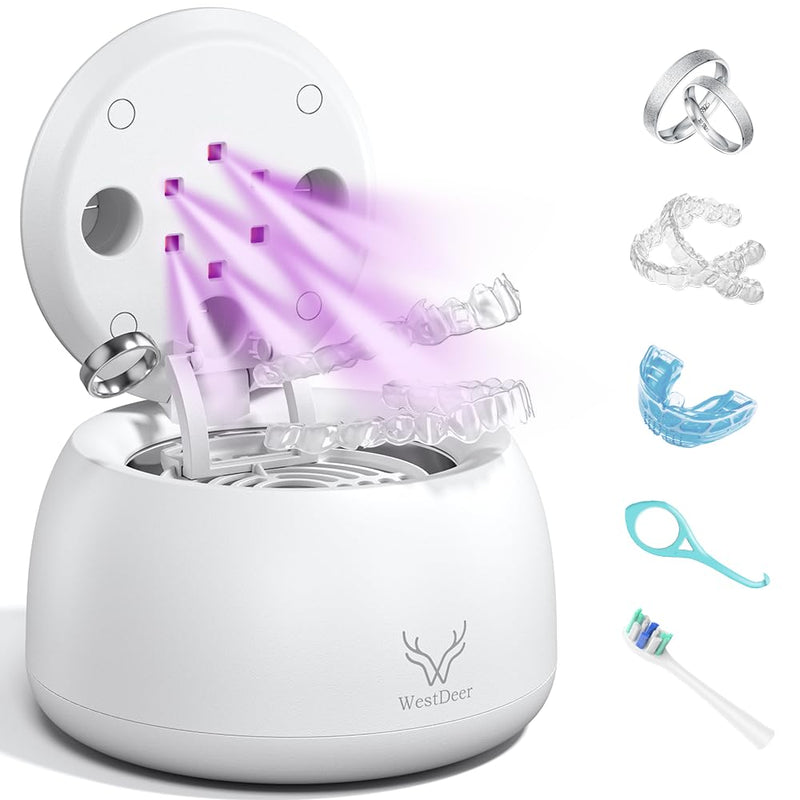 Ultraviolet ultrasonic Cleaner, one-Click Start, 45KHz Portable Cleaner, with Dual-Mode Cleaning Function, Suitable for Jewelry, dentures and Invisible Braces Gray and white