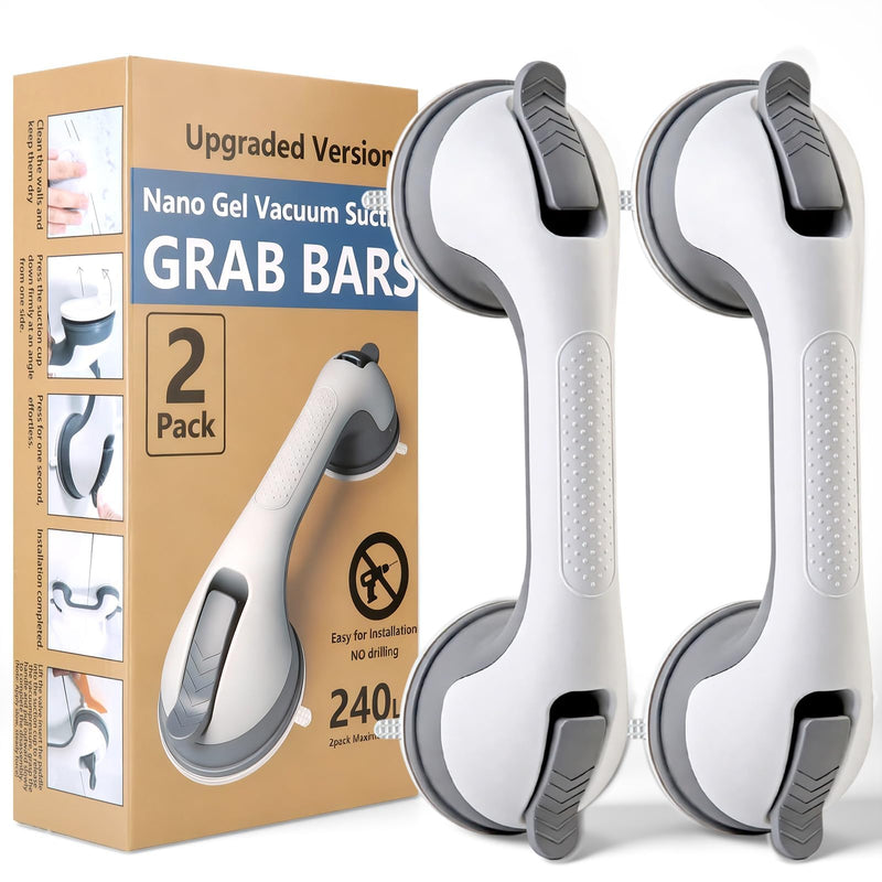 2 Pack Grab Bars for Shower Handle, Elderly Assistance Products, Seniors Removable Bar Safety, Suction Cup Handles for Bathtubs and Showers/Bathroom/Walls, Heavy Duty Handrails Grip 500lbs,No Drilling Grey-2 PACK