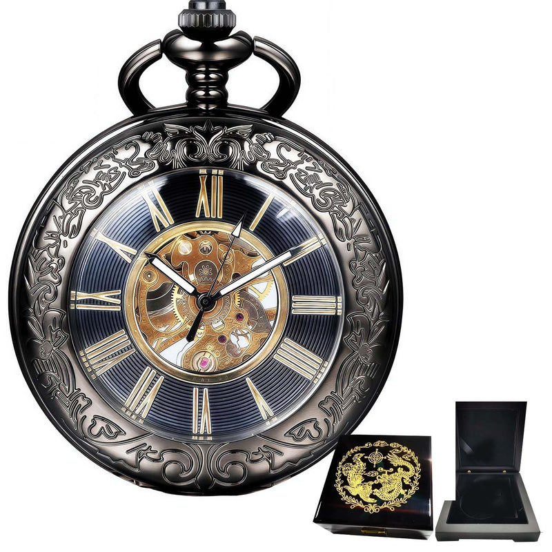 Mechanical Pocket Watch, for Men Women Special Magnifier Half Hunter Engraved Case Roman Numerals with Chain Bronze
