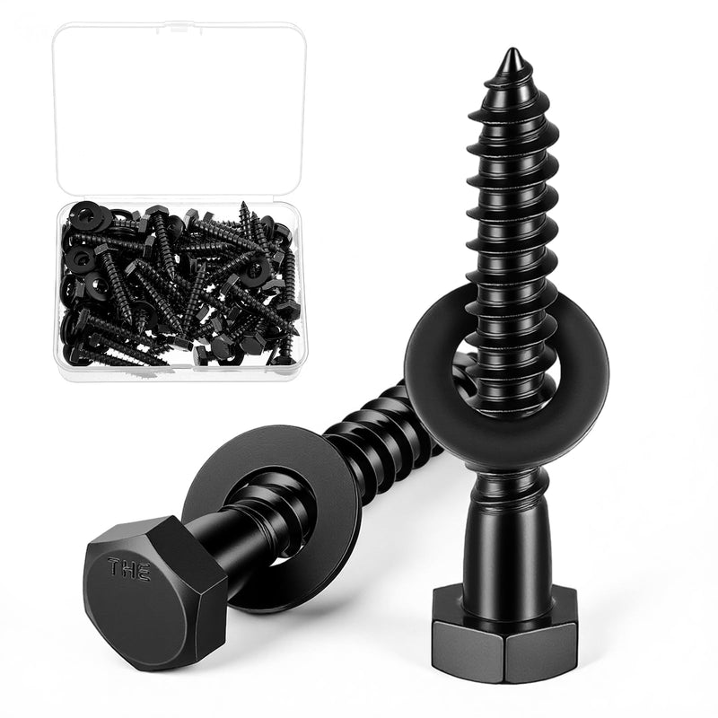 Zonon 50 Pcs 1/4" X 2" Hex Head Lag Screws Bolts Lag Screw Kit with Flat Washers Stainless Steel Heavy Duty Screws Bolts for Wood Industrial/Commercial Grade (Black) 1/4" X 2" Black