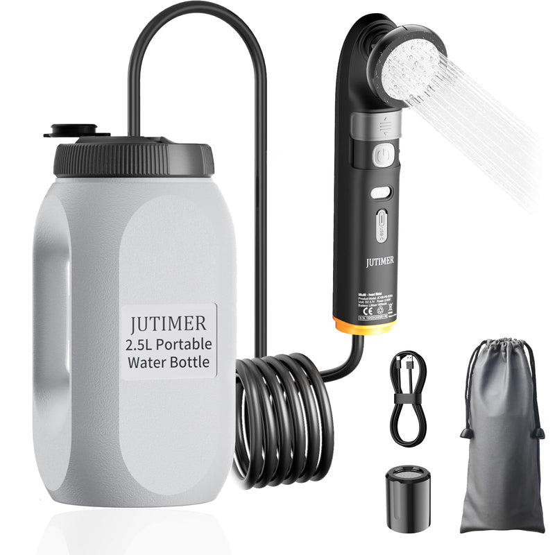 Portable Bidet & Shower for Travel, JUTIMER 2.5L&1600mAh Rechargeable Camping Shower, 2 Showerheads Bidet Sprayer, 2 Modes Waterproof Handheld Bidet, Outdoor Shower Kit for Hiking, Travel Black
