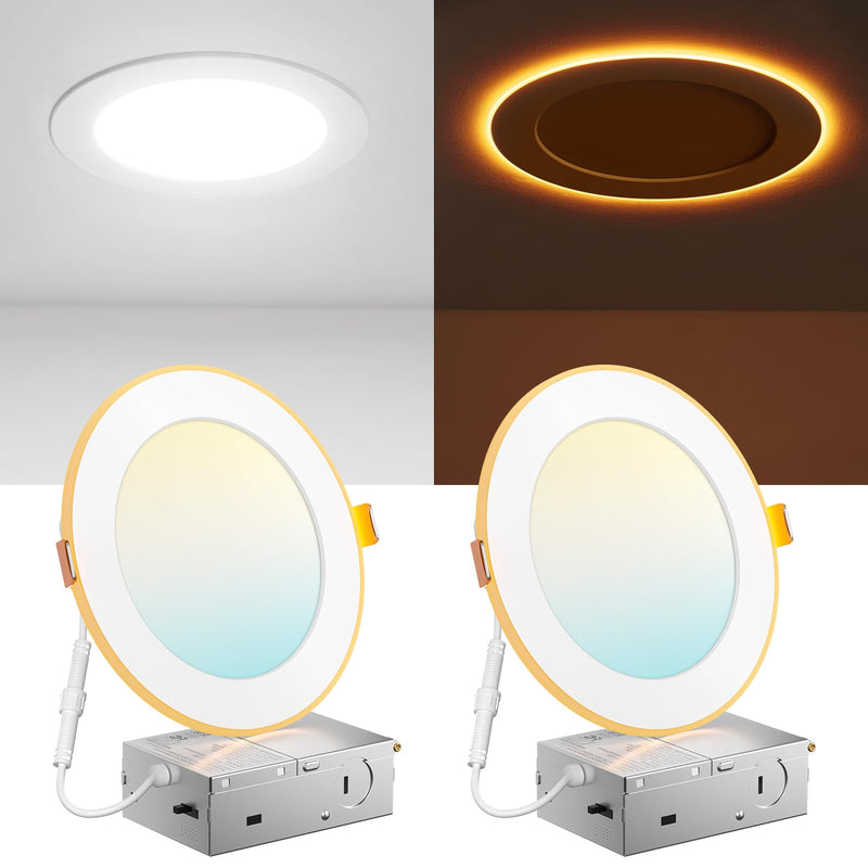 Amico 2 Pack 6 Inch 5CCT LED Recessed Ceiling Light with Night Light, 2700K/3000K/3500K/4000K/5000K Selectable Ultra-Thin Lighting, 12W=110W, 1100LM, Dimmable Canless Wafer Downlight ETL&FCC 6 Inch-White