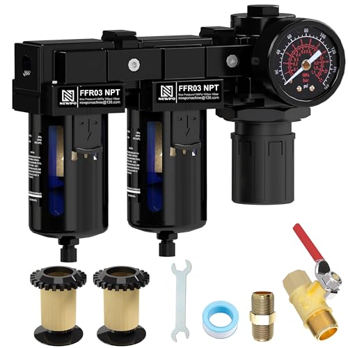 NEWPO 3/8'' NPT Air Drying System, Double Brass Filter Compressed Air Regulator, Air Pressure Regulator Combo 5&5 Micron Filter Cartridge,Semi-Auto Drain 5&5 brass-3/8" NPT