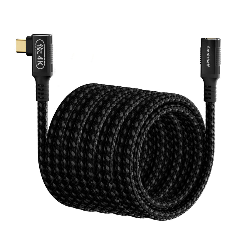 16.5ft/5m USB C Extension Cable with 90° Angle, 20Gbps USB 3.2 Gen 2 & 100W PD Charging, 4K@60Hz Nylon Braided Right Angle Male to Female USB C Cord, for Monitor, Hard Drive 16.5FT/5M
