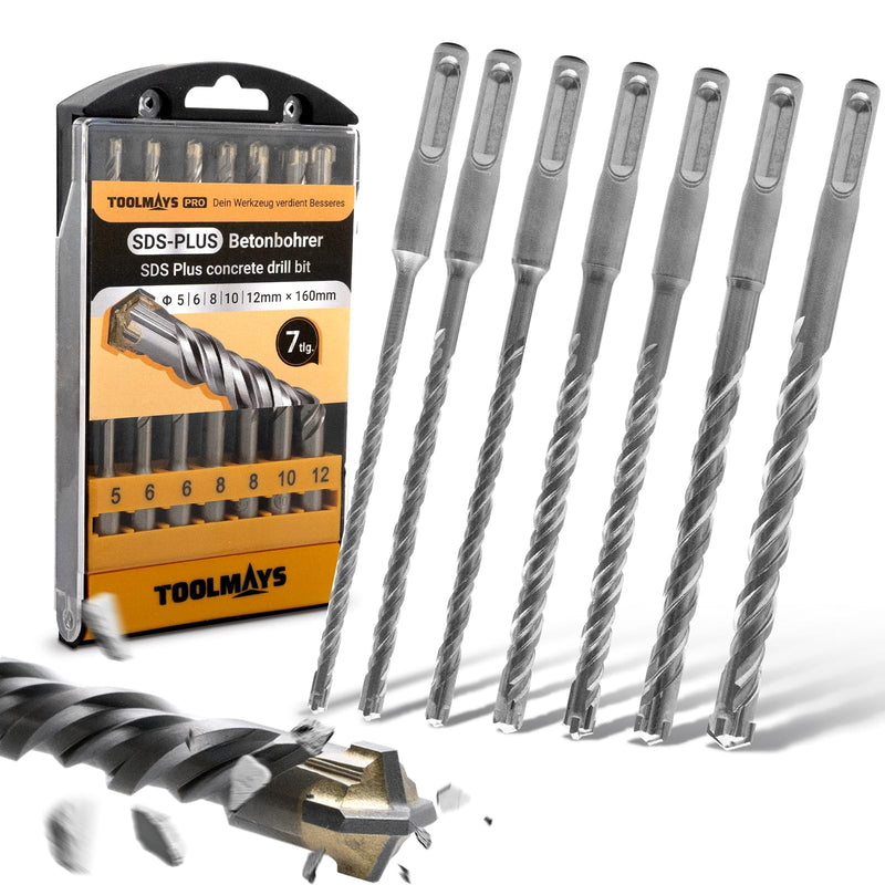 SDS Plus Concrete Drill Bit Set, 7-Piece (5-12mm x 160mm) — Premium Carbide-Tipped Masonry Drill Bits for Concrete, Brick, Block & Stone, Max Hardness 92 HRC, Ideal for Hammer Drills 5-12 mm x 160 mm Masonry Drill