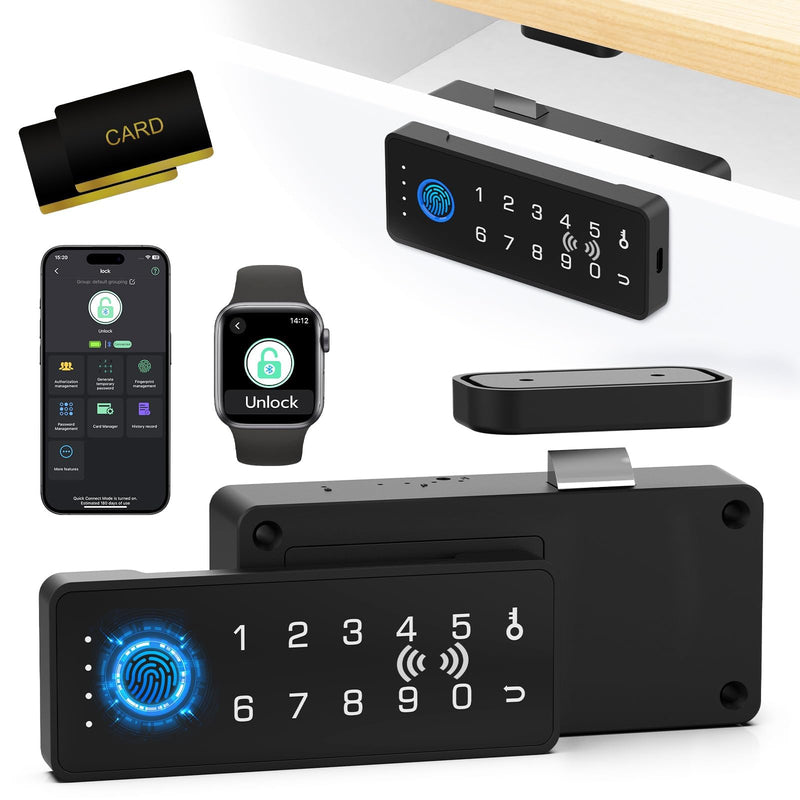 RFID Fingerprint Lock-Smart Cabinet Drawer Lock with Key Cards, Digital Electronic Biometric Bluetooth Child Safety Cabinet Code Lock Liquor File Desk Cupboard Kitchen Liquor Drawer Black Horizontal