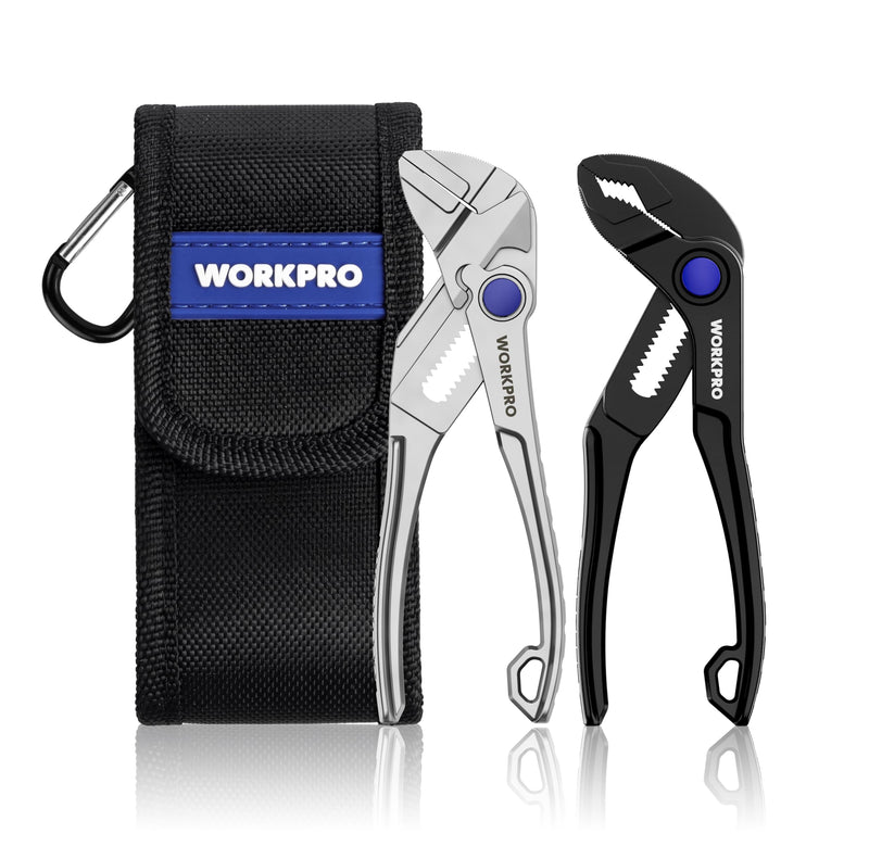 WORKPRO 2-Piece Mini Pliers Set with Pouch, 4-Inch Water Pump Plier & Plier Wrench, High-Toughness Alloy Steel Mini Groove Joint & Smooth Jaw Plier, EDC Pliers for Tight Spaces & Versatile Use