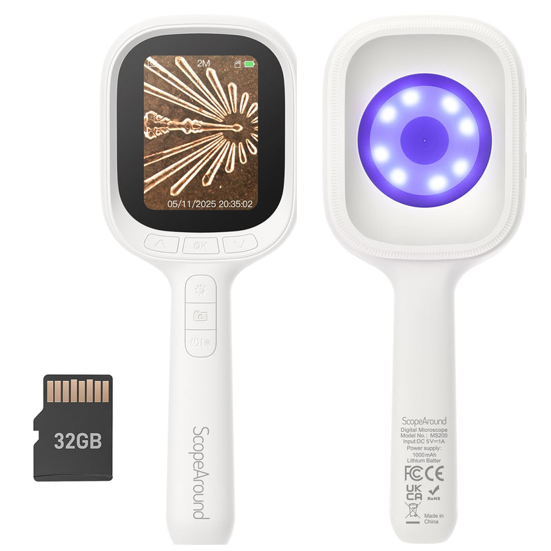 ScopeAround Digital Microscope, Autofocus Handheld Microscope, Magnifier with 2.8" IPS Screen and LEDs, Portable Magnifying Glass, 32 GB MicroSD Memory Card, Compatible with Mac/Windows