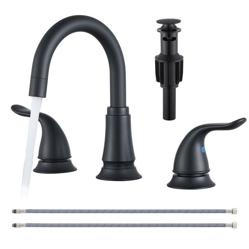 Matte Black Widespread Bathroom Faucet 3 Hole, 8 Inch Adjustable Bathroom Sink Faucet with Pop-Up Drain & Supply Lines, Dual Handle 360° Swivel Spout, Modern Design 1 Pack Matte Black