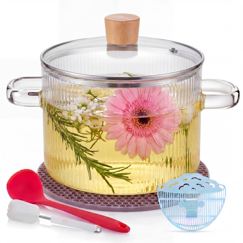 Jingmore Glass Simmer Pot 1.6L/54 oz for Stove with Lid and Strainer, Heat-Resistant Borosilicate Glass Pot for Cooking Soup, Pasta, Food Milk, Tea, Potpourri, Ideal for Stovetop Use (Clear) Ribbed