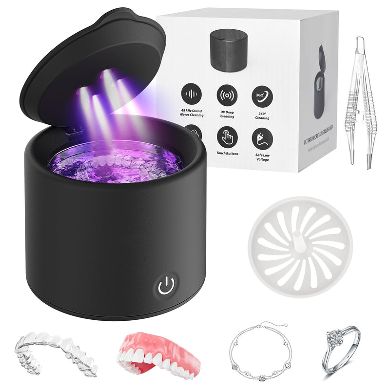Ultrasonic Retainer Cleaner Machine, 50kHz Ultrasonic Jewelry Cleaner with 3 Modes, Dental Pod for Rings, Toothbrush Heads, Watches, Dentures, Retainers, 200ML Capacity, 304 Stainless Steel Black
