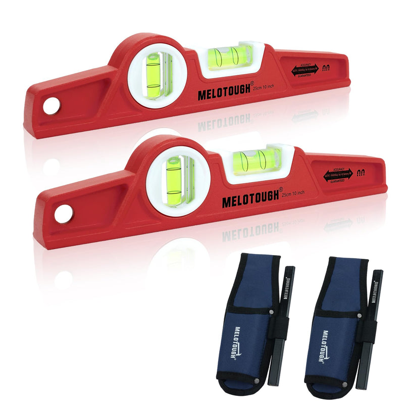 MELOTOUGH 10 Inch Die-Cast Magnetic Torpedo Level,Magnetic Level for Carpenter,Construction,Scaffolding, Plumbing Torpedo Level with Rare Earth Magnet,Pencil and Holster,Red,2PCS Red-2PCS