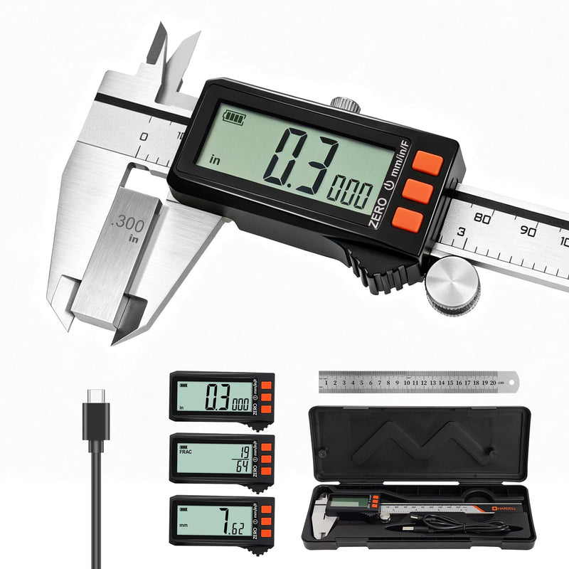 HARDELL Digital Caliper, Rechargeable Calipers with Battery Display, Auto-Off Caliper Large LCD Screen, 6 inch Micrometer, Inch/MM/Fraction for DIY/Household/Jewelers