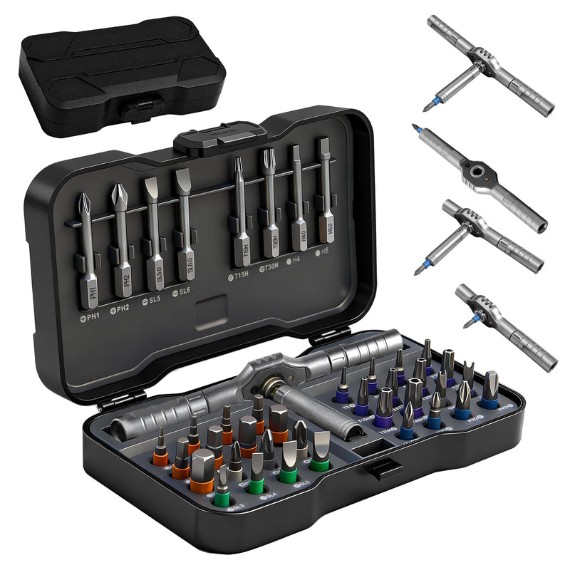 42 in 1 Magnetic Screwdriver Set, DIY Ratchet Screwdriver Set, Multi-Bit Magnetic Drive Set with Detachable Ratchet Handle, Portable Gray Repair Tool Kit for Bicycles, Bicycles, Computers as Gifts