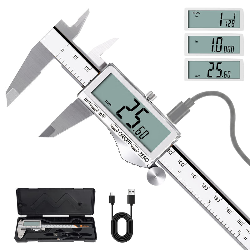 HARDELL Digital Caliper 6"/150mm, Rechargeable Stainless Steel Micrometer, Large LCD. in/MM/Fraction, Auto-Off, Electronic Measuring Tool for Machinist Woodworking 3D Printing DIY Household 6 Inch