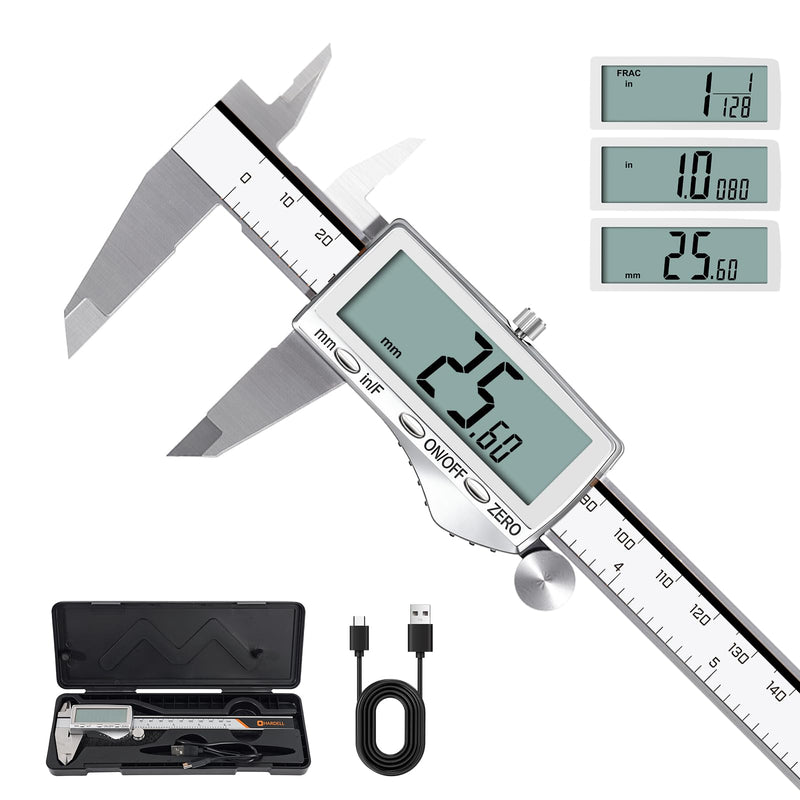HARDELL Digital Caliper, Rechargeable Calipers with Large LCD Screen, Stainless Steel Caliper Measuring Tool, Auto-Off, Inch/MM/Fraction for DIY/Household/3D-printing 6 Inch