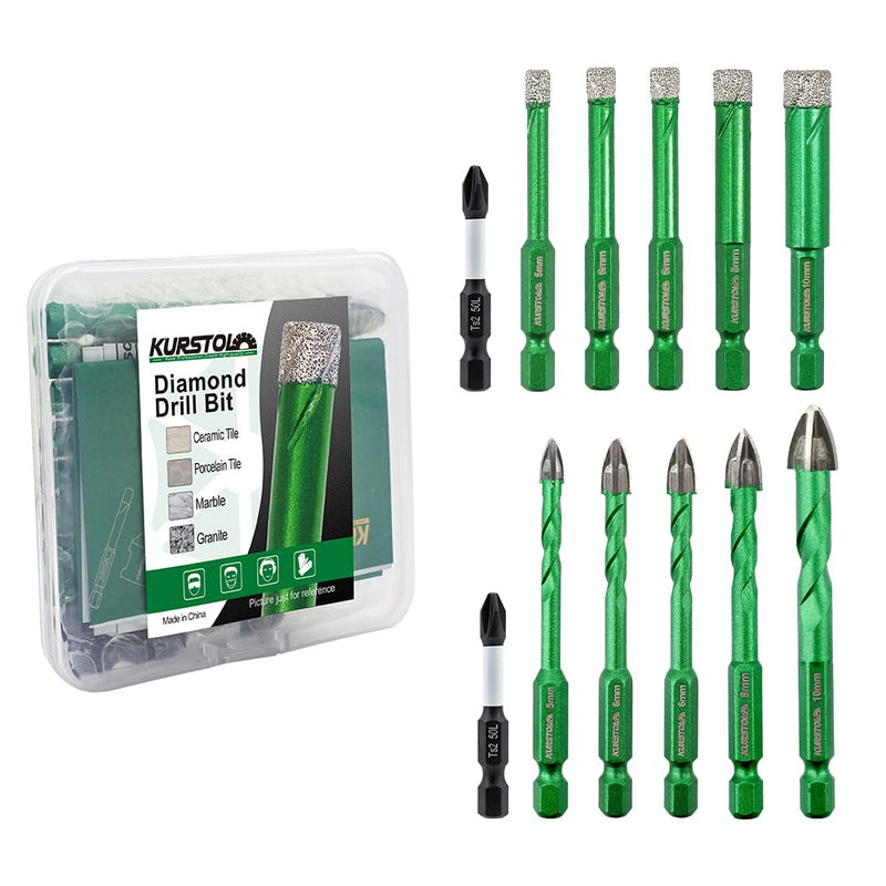 Diamond Drill Bits Set 12pcs, 3/16" - 3/8" Tile Drill Bit with PH2 Screwdriver Bit for Porcelain Tile Ceramic Stone Granite Marble, Quick-fit Hex Shank 5/6/6/8/10mm+5/6/6/8/10mm+Screwdriver 12